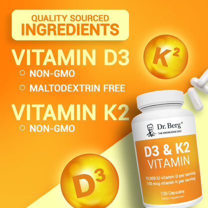 Dr. Berg Vitamin D3 K2 w/MCT Powder - Includes 10,000 IU of Vitamin D3, 100 mcg MK7 Vitamin K2, Purified Bile Salts, Zinc & Magnesium for Ultimate Absorption - K2 D3 Vitamin Supplement - 120 Capsule