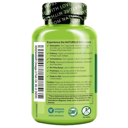 NATURELO Omega-3 Fish Oil Supplement - EPA + DHA - 1100 mg Triglyceride Omega-3 per Gel - One A Day - for Heart, Eye, Brain, Joint Health - No Burps - Lemon Flavor - 60 Softgels | 2 Month Supply