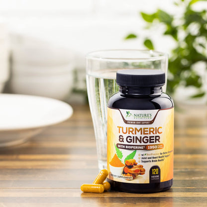Turmeric Curcumin with BioPerine & Ginger 95% Curcuminoids 1950mg - Black Pepper Extract for Max Absorption, Nature's Joint Support Supplement, Herbal Turmeric Pills, Vegan Non-GMO - 120 Capsules