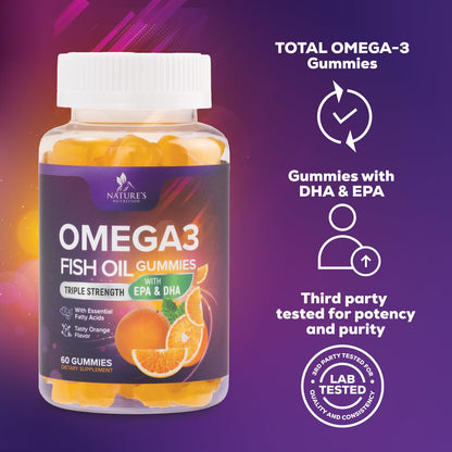 Omega 3 Gummies for Adults, Omega-3 Fish Oil Gummies for Heart Support, Omega 3 Supplement High Absorption DHA & EPA, Joint & Brain Support, Nature's Fish Oil Omega 3 Gummies Vitamins - 60 Gummies