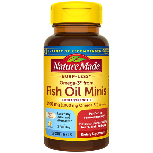 Nature Made Extra Strength Burp Less Omega 3 Fish Oil 1400 mg Minis, Fish Oil Supplements as Ethyl Esters for Healthy Heart, Brain and Eyes Support, 60 Softgels, 30 Day Supply