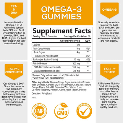 Omega 3 Fish Oil Gummies, Heart Healthy Omega 3 Gummy Supplement with High Absorption DHA & EPA, Extra Strength Joint & Brain Support, Omega 3 Fish Oil Nature's Vitamin, Orange Flavor - 120 Gummies