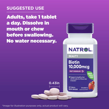 Natrol Beauty Biotin 10000mcg, Dietary Supplement for Healthy Hair, Skin, Nails and Energy Metabolism, 60 Strawberry-Flavored Fast Dissolve Tablets, 60 Day Supply