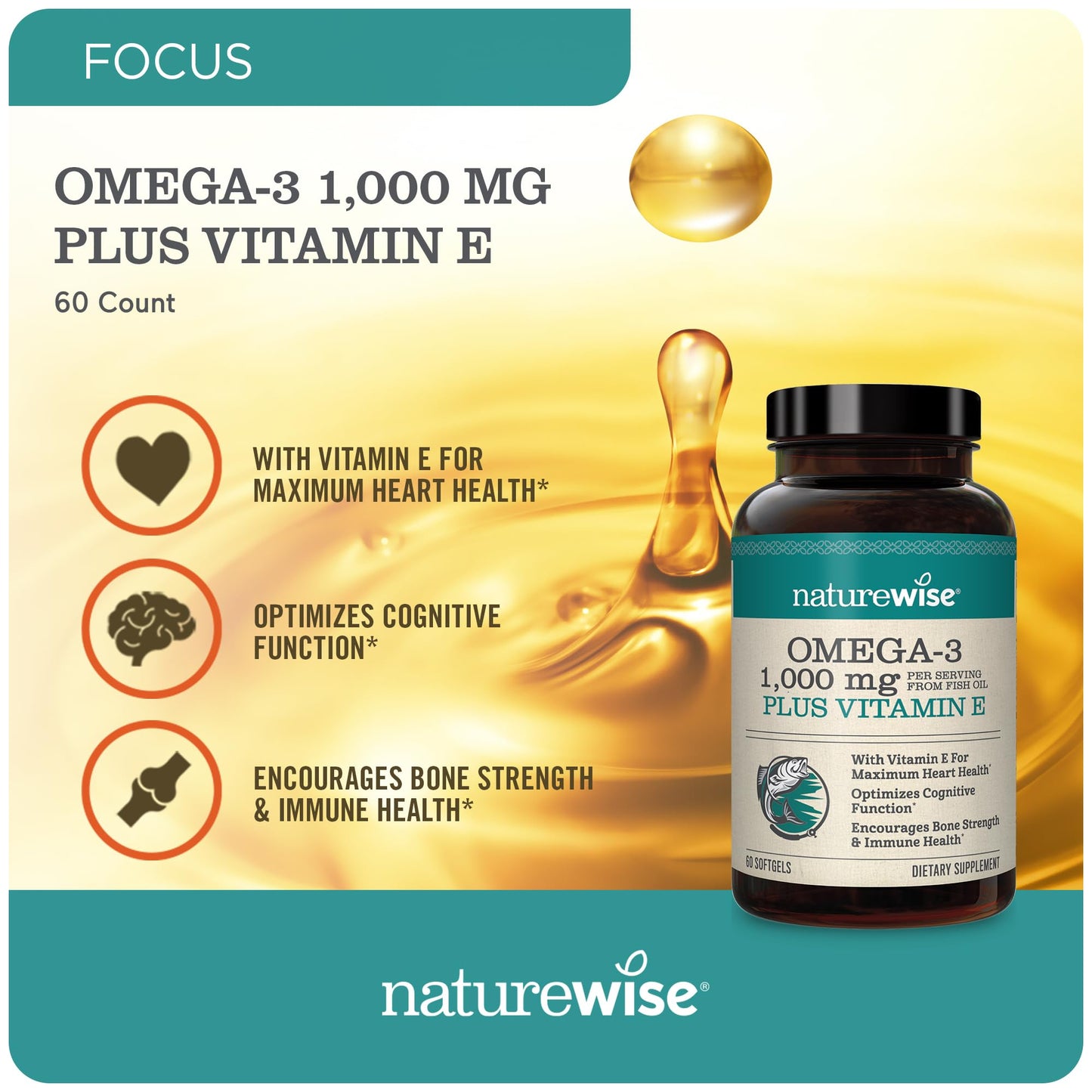 NatureWise Extra-Strength Omega 3 Fish Oil Supplement - 1000mg per Serving - 600 EPA & 400 DHA and Vitamin E - Support for Heart & Brain Health - Lemon Flavor, Non-GMO - 60 Softgels[1-Month Supply]