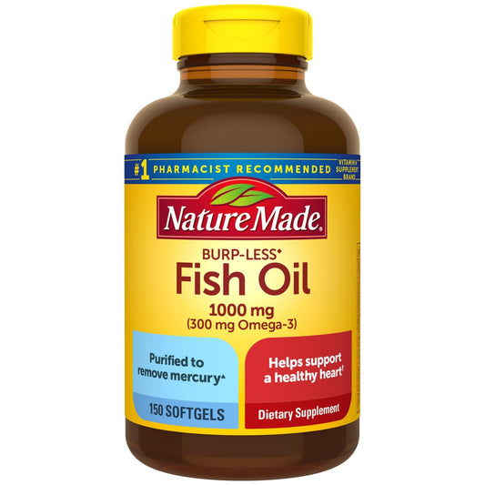 Nature Made Burpless Omega 3 Fish Oil Softgels - 1000mg for Heart Health, 150 Softgels, 75 Day Supply