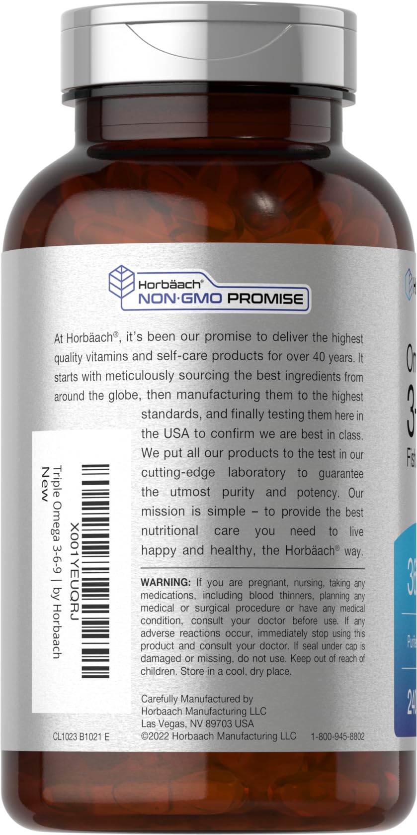 Horbaach Triple Omega 3-6-9 240 Softgels | from Fish, Flaxseed, Borage Oils | Non-GMO & Gluten Free