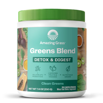 Amazing Grass Greens Superfood Detox & Digest: Greens Powder with Digestive Enzymes & Probiotics, Clean Green, 30 Servings (Packaging May Vary)