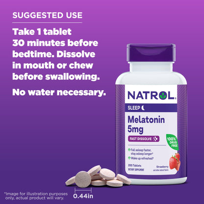 Natrol Sleep Melatonin 5mg Fast Dissolve Tablets, Nighttime Sleep Aid for Adults, 200 Strawberry-Flavored Melatonin Tablets, 200 Day Supply