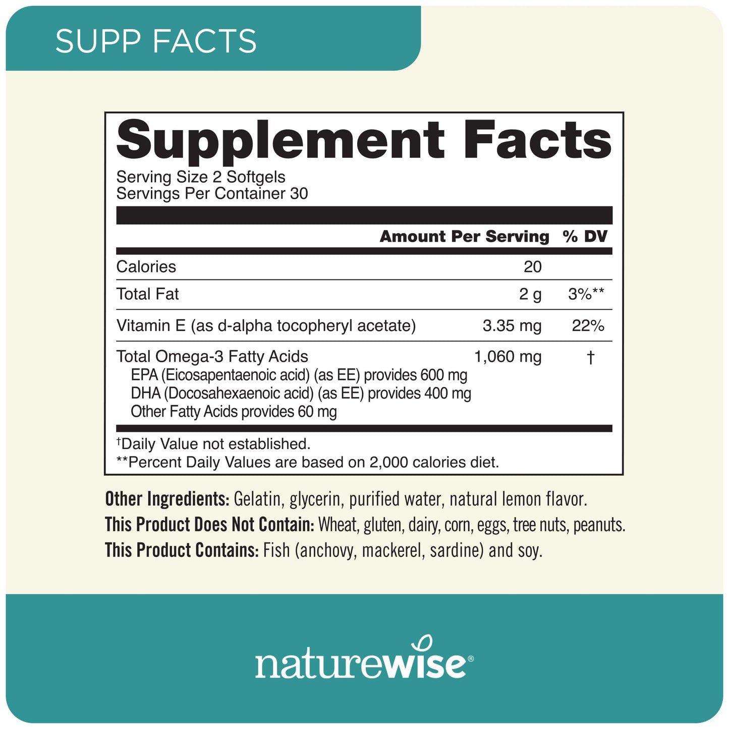 NatureWise Extra-Strength Omega 3 Fish Oil Supplement - 1000mg per Serving - 600 EPA & 400 DHA and Vitamin E - Support for Heart & Brain Health - Lemon Flavor, Non-GMO - 60 Softgels[1-Month Supply]