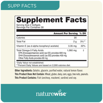 NatureWise Extra-Strength Omega 3 Fish Oil Supplement - 1000mg per Serving - 600 EPA & 400 DHA and Vitamin E - Support for Heart & Brain Health - Lemon Flavor, Non-GMO - 60 Softgels[1-Month Supply]