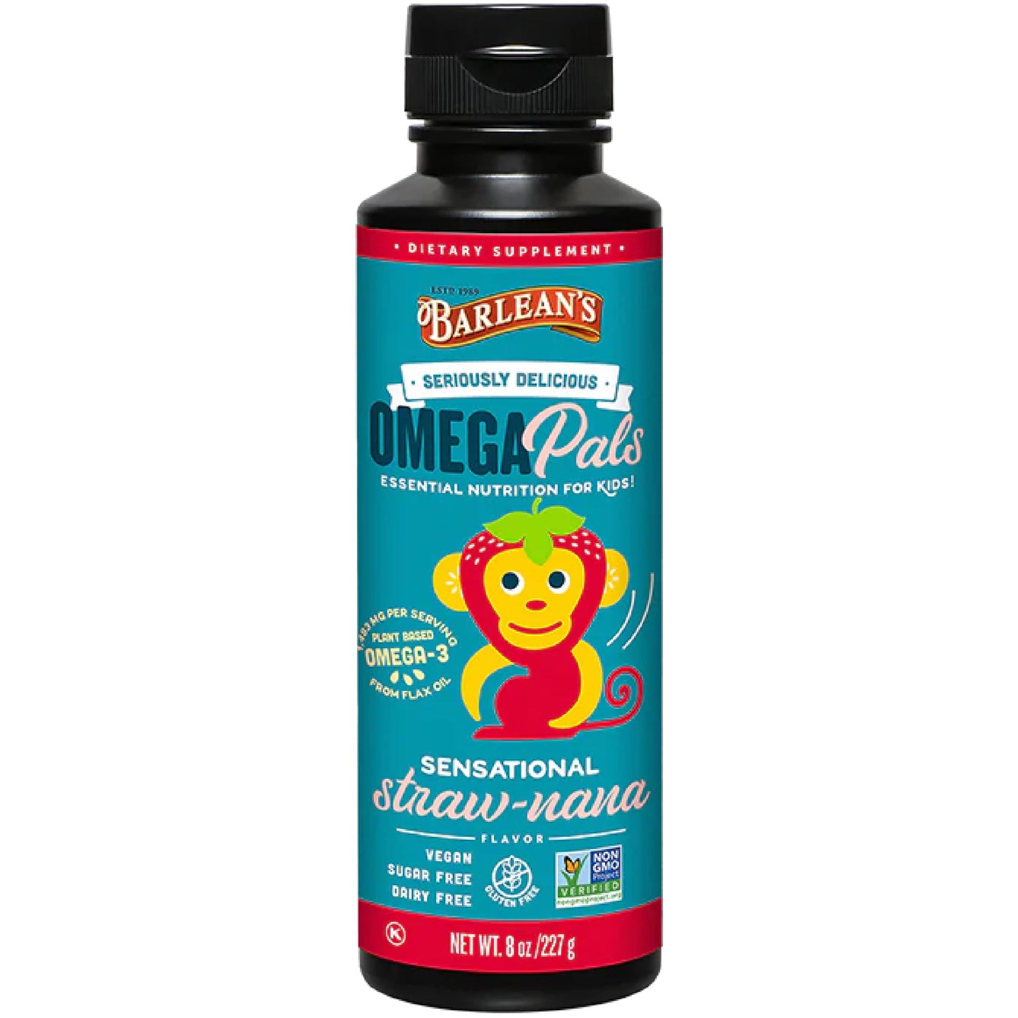 Barlean's Omega Pals Omega 3 for Kids, Yummy Straw-Nana Flavored Children's Liquid Flax Seed Oil Supplement with 1,483 mg ALA, Non-GMO, Vegan Brain & Eye Health, 8 oz