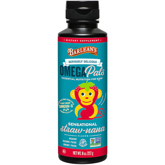 Barlean's Omega Pals Omega 3 for Kids, Yummy Straw-Nana Flavored Children's Liquid Flax Seed Oil Supplement with 1,483 mg ALA, Non-GMO, Vegan Brain & Eye Health, 8 oz