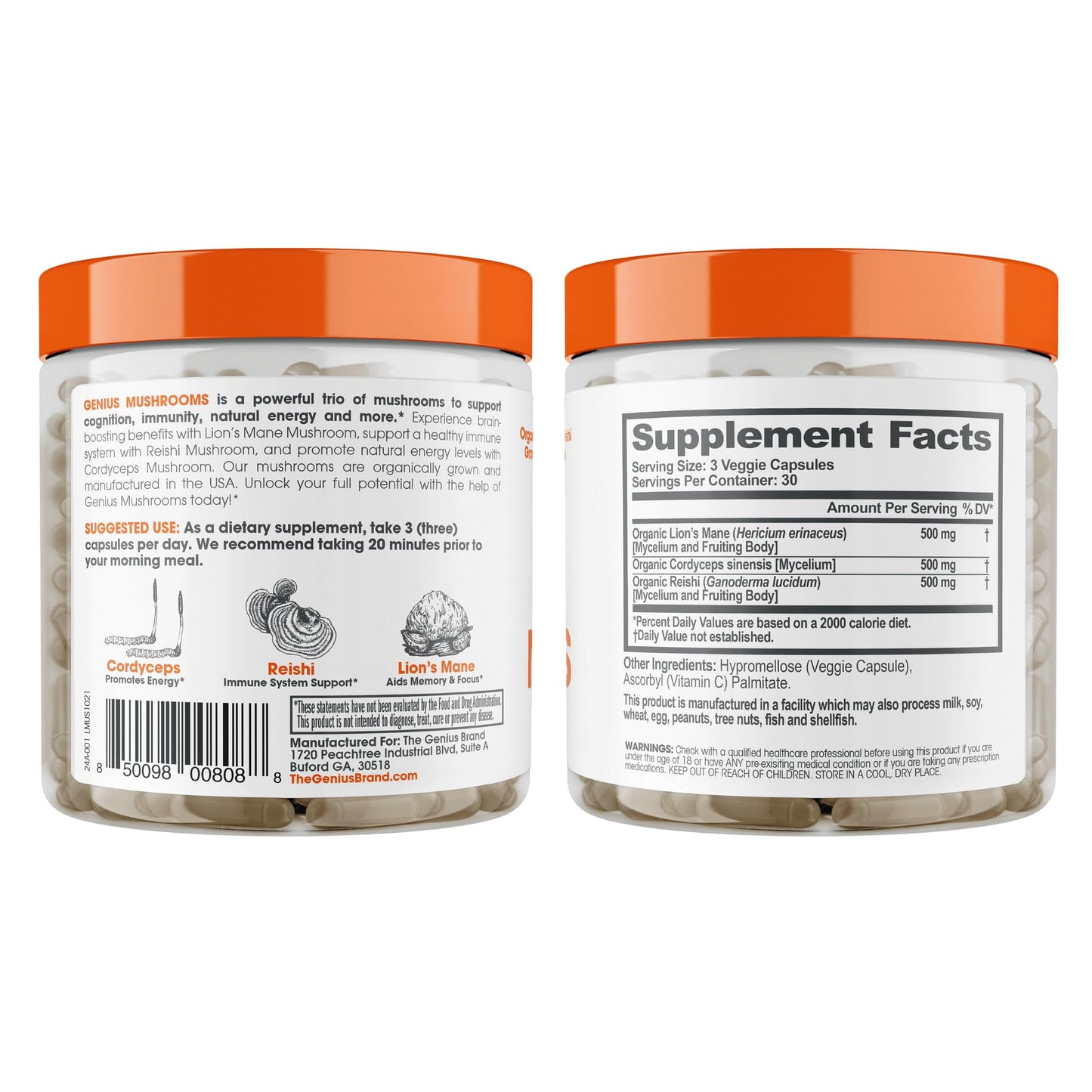 Genius Mushroom - Lions Mane, Cordyceps and Reishi - System Booster & Nootropic Supplement - for Energy & Support, 90 Veggie Pills