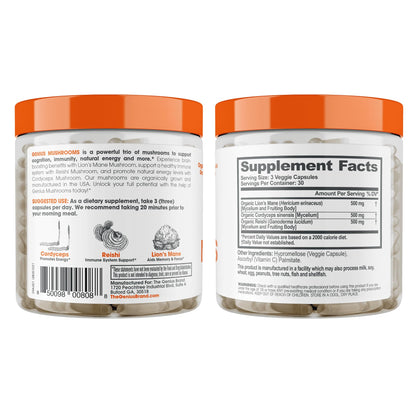 Genius Mushroom - Lions Mane, Cordyceps and Reishi - System Booster & Nootropic Supplement - for Energy & Support, 90 Veggie Pills