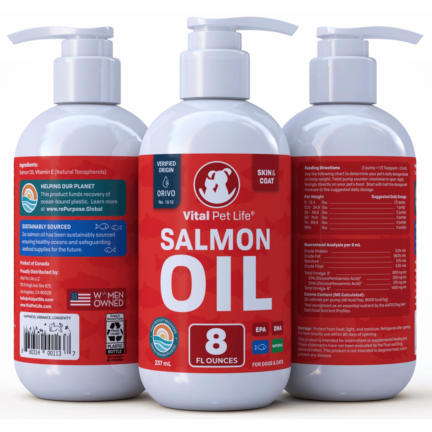 Salmon Oil for Dogs & Cats - Healthy Skin & Coat, Fish Oil, Omega 3 EPA DHA, Liquid Food Supplement for Pets, All Natural, Supports Joint & Bone Health, Natural Allergy & Inflammation Defense, 8 oz