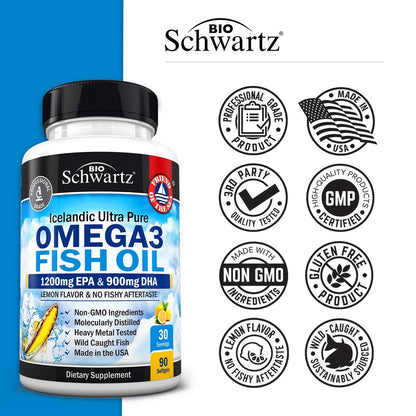 Omega 3 Fish Oil Supplement - 1200mg EPA and 900mg DHA Fatty Acid Per Serving - Supports Joint, Eyes, Brain & Skin Health - Burpless Lemon Flavor, Gluten-Free, 90 Softgels (Packaging May Vary)