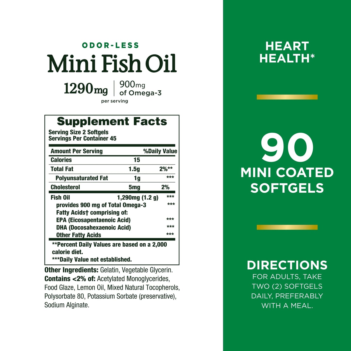 Nature's Bounty Mini Fish Oil Softgels 1290 mg, Omega-3, Supports Heart Health, Odor-Less, 90 Mini Coated Softgels