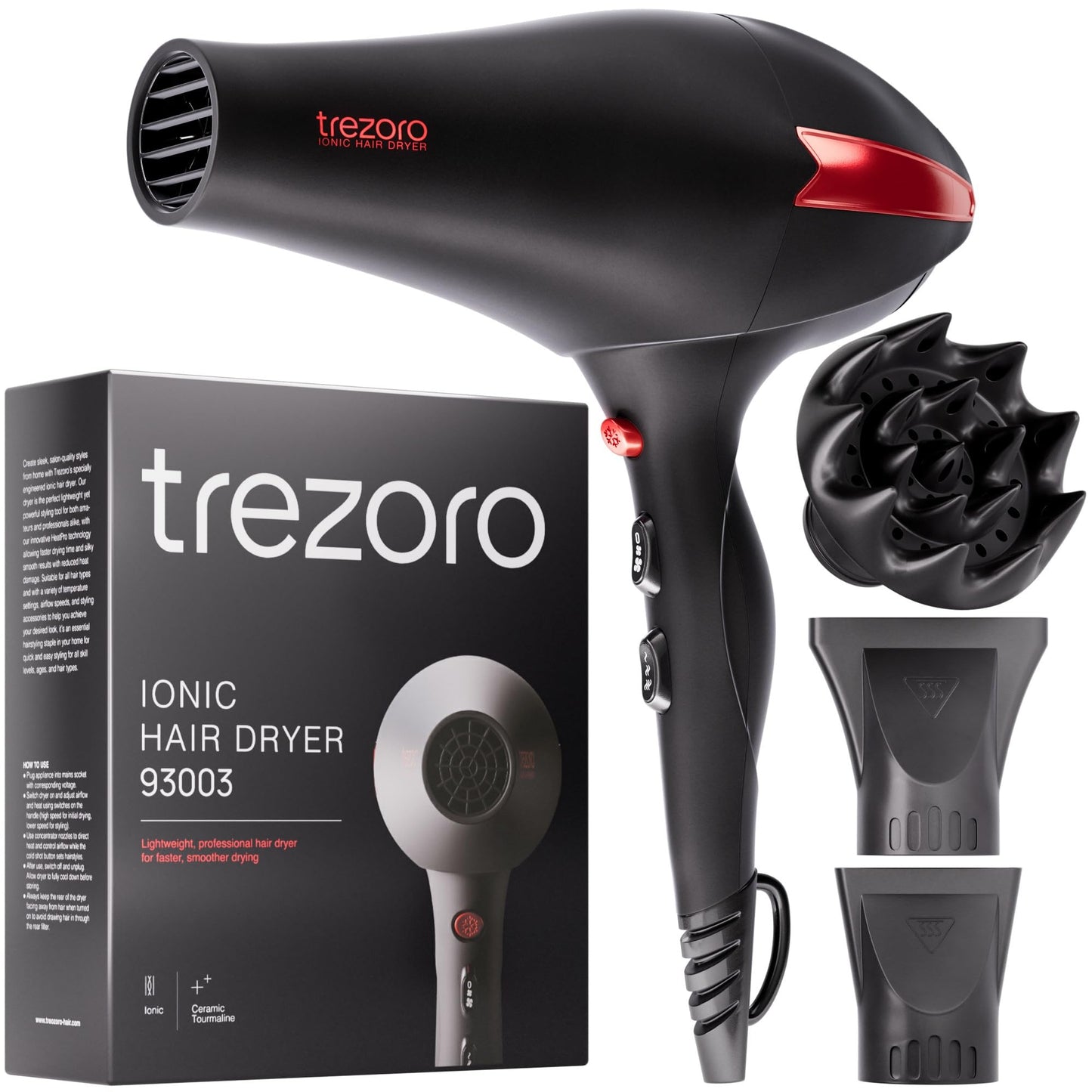 Diffuser Hair Dryer, 2200 Watt Professional Ionic Salon Blow Dryer, Ceramic Tourmaline Hairdryer with 2 Concentrator Nozzle Attachments, Pro Ion Quiet Dryers - Best Soft Touch Body