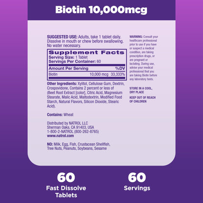 Natrol Beauty Biotin 10000mcg, Dietary Supplement for Healthy Hair, Skin, Nails and Energy Metabolism, 60 Strawberry-Flavored Fast Dissolve Tablets, 60 Day Supply