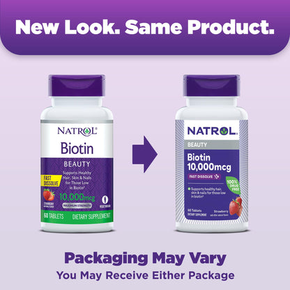 Natrol Beauty Biotin 10000mcg, Dietary Supplement for Healthy Hair, Skin, Nails and Energy Metabolism, 60 Strawberry-Flavored Fast Dissolve Tablets, 60 Day Supply