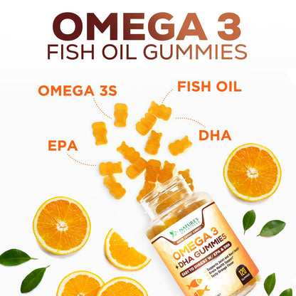 Omega 3 Fish Oil Gummies, Heart Healthy Omega 3 Gummy Supplement with High Absorption DHA & EPA, Extra Strength Joint & Brain Support, Omega 3 Fish Oil Nature's Vitamin, Orange Flavor - 120 Gummies