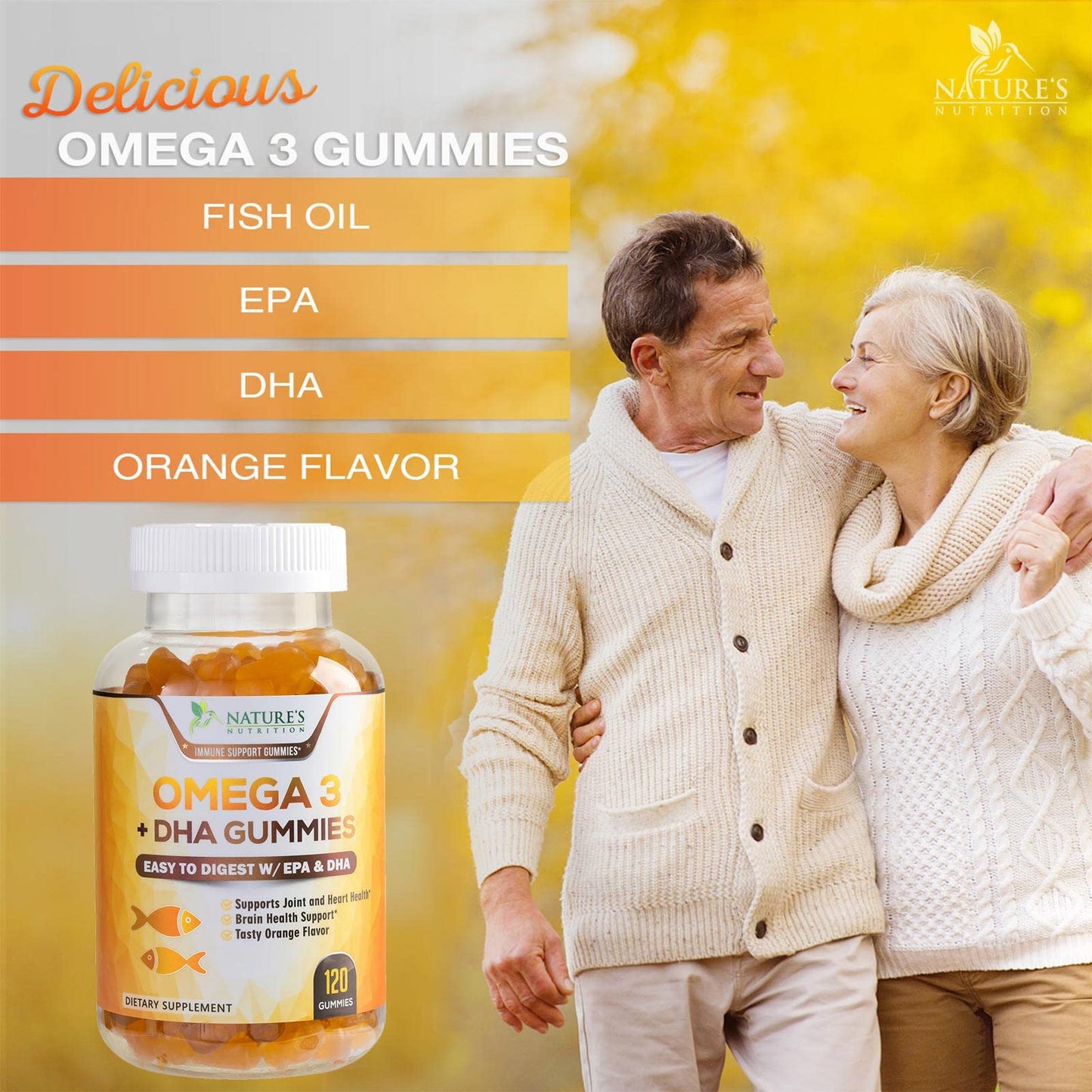 Omega 3 Fish Oil Gummies, Heart Healthy Omega 3 Gummy Supplement with High Absorption DHA & EPA, Extra Strength Joint & Brain Support, Omega 3 Fish Oil Nature's Vitamin, Orange Flavor - 120 Gummies