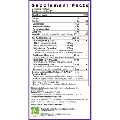 New Chapter Wholemega Fish Oil Supplement - Wild Alaskan Salmon Oil with Omega-3 + Vitamin D3 + Astaxanthin + Sustainably Caught - 180 ct, 1000mg Softgels