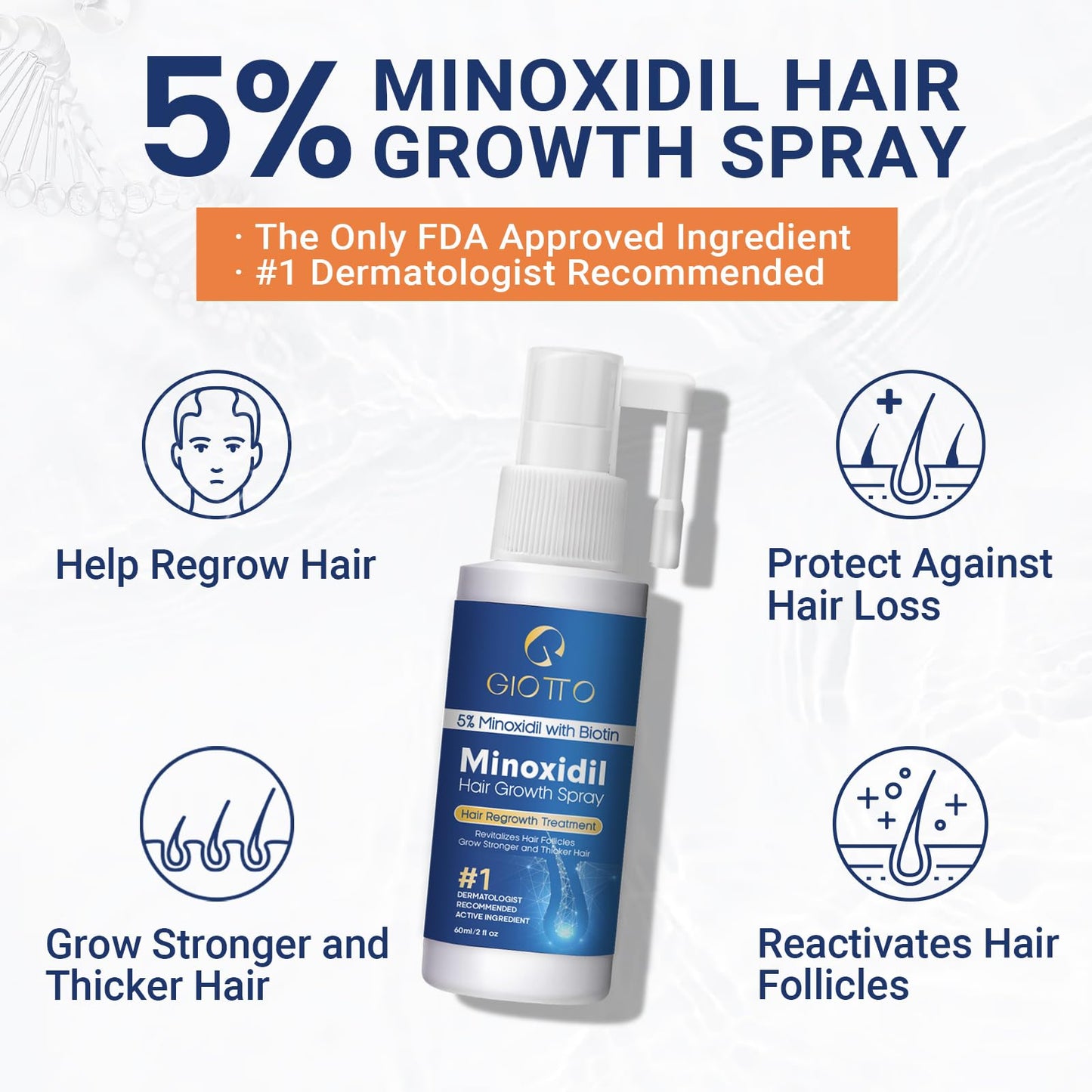 GIOTTO 5% Minoxidil for Men and Women Hair Growth Spray with Extra Innovative Applicator - Infused with Biotin, Niacinamide and Panthenol - Topical Scalp Treatment for Hair Loss & Thinning, 2 Fl Oz