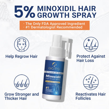 GIOTTO 5% Minoxidil for Men and Women Hair Growth Spray with Extra Innovative Applicator - Infused with Biotin, Niacinamide and Panthenol - Topical Scalp Treatment for Hair Loss & Thinning, 2 Fl Oz