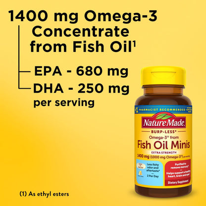 Nature Made Extra Strength Burp Less Omega 3 Fish Oil 1400 mg Minis, Fish Oil Supplements as Ethyl Esters for Healthy Heart, Brain and Eyes Support, 60 Softgels, 30 Day Supply