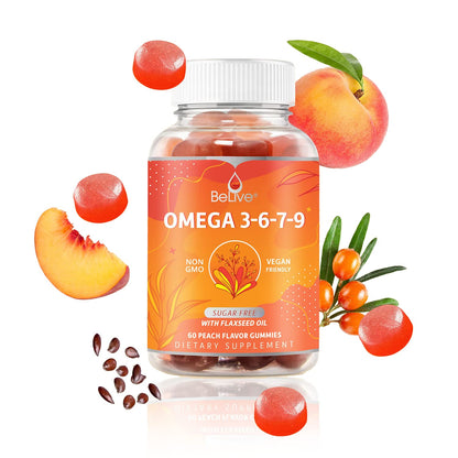 Organic Omega 3 Gummies with Omegas 6, 7, 9, DHA & EPA from Flaxseed Oil and Sea Buckthorn Fruit Oil - Sugar-Free, Supports Brain, Heart, Eye & Immune System, Supplements for Kids & Adults (60 CT)