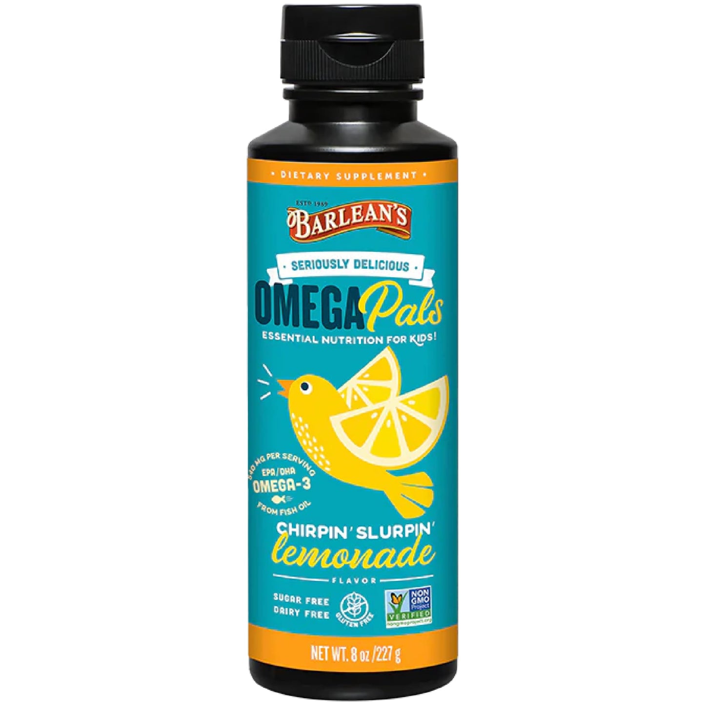 Barlean's Omega Pals Chirpin' Slurpin' Omega 3 for Kids, Yummy Lemonade Flavored Children's Liquid Fish Oil Supplement with 540 mg of EPA & DHA for Brain & Eye Health, 8 oz