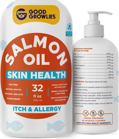 GOODGROWLIES Omega 3 Fish Oil for Dogs (32oz) - Skin & Coat Health - Dry & Itchy Skin Relief + Allergy Support - Shiny Coat - EPA&DHA Fatty Acids - Salmon Oil Promotes Heart, Hip & Joint Support