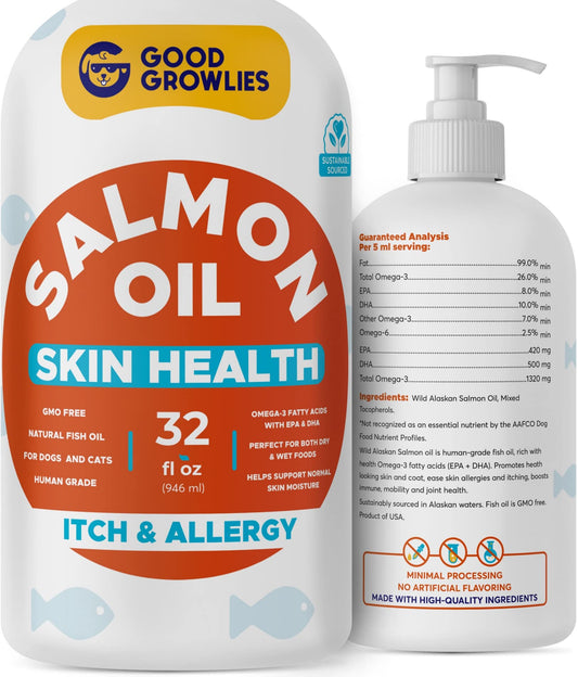 GOODGROWLIES Omega 3 Fish Oil for Dogs (32oz) - Skin & Coat Health - Dry & Itchy Skin Relief + Allergy Support - Shiny Coat - EPA&DHA Fatty Acids - Salmon Oil Promotes Heart, Hip & Joint Support