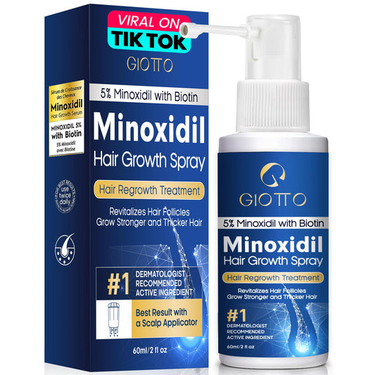 GIOTTO 5% Minoxidil for Men and Women Hair Growth Spray with Extra Innovative Applicator - Infused with Biotin, Niacinamide and Panthenol - Topical Scalp Treatment for Hair Loss & Thinning, 2 Fl Oz