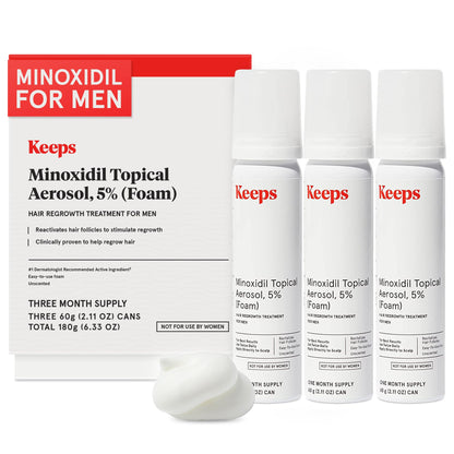 Keeps Extra Strength Minoxidil for Men Topical Aerosol Foam 5%, Hair Growth Treatment - 3 Month Supply (3 x 2.11oz Bottles) - Thicker, Longer Hair - Slows Hair Loss & Promotes Hair Regrowth