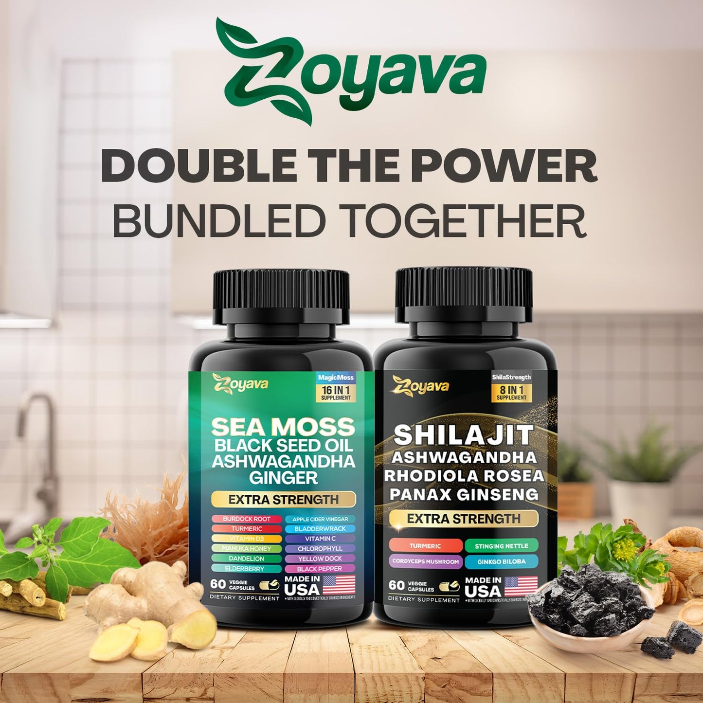 Zoyava Dynamic Vitality Bundle - Sea Moss 7000mg, Black Seed Oil 4000mg, Ashwagandha 2000mg, Ginger & Shilajit 9000mg, Rhodiola Rosea 1000mg, Panax Ginseng 1500mg, All in 1 Supplements (60 Count)
