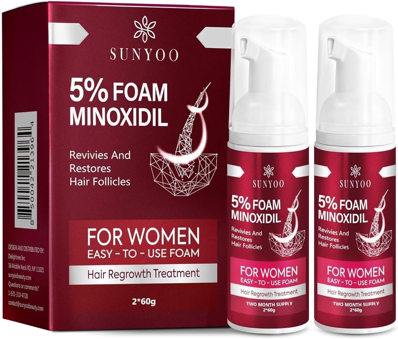 YZmoffer Women's 5% Minoxidil Foam for Hair Thinning and Hair Loss, Hair Growth Treatment for Women's Thicker and Fuller Hair, 2 Pack of 60g, Red