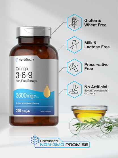 Horbaach Triple Omega 3-6-9 240 Softgels | from Fish, Flaxseed, Borage Oils | Non-GMO & Gluten Free