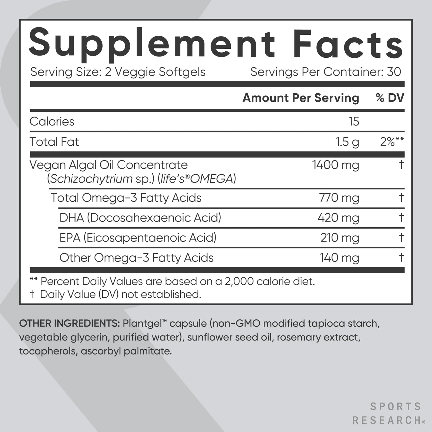 Sports Research Vegan Omega-3 Fish Oil from Algae Oil - High Levels DHA & EPA Fatty Acids | Non-GMO & Vegan Certified - 60 Softgels (Carrageenan Free)