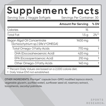 Sports Research Vegan Omega-3 Fish Oil from Algae Oil - High Levels DHA & EPA Fatty Acids | Non-GMO & Vegan Certified - 60 Softgels (Carrageenan Free)