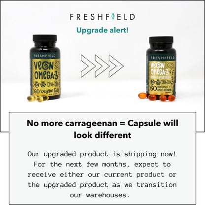 Freshfield Vegan Omega 3 DHA: Sustainably Sourced, Premium, Carrageenan Free, Compostable Bottle, Fish Oil Replacement, Carbon Neutral. Supports Heart, Brain, Joint Health w/DPA (60)