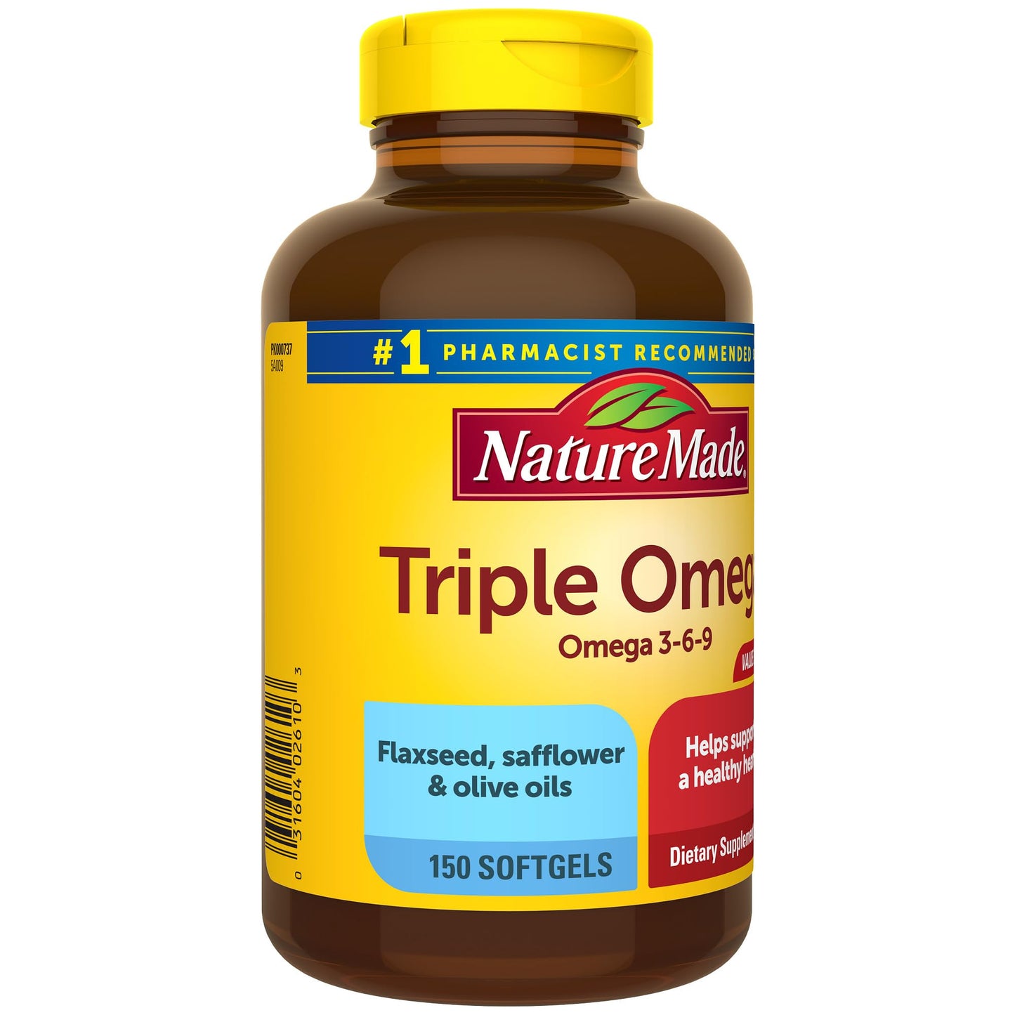 Nature Made Triple Omega 3 6 9, Flaxseed, Safflower, & Olive Oils, Healthy Heart Support, Fish Free Omega 3 Supplement, 150 Softgels, 75 Day Supply