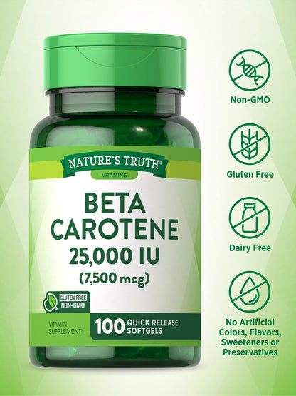 Beta Carotene 25000 IU Softgels | 100 Count | Vitamin A Supplement | Non-GMO and Gluten Free Supplement | by Nature's Truth