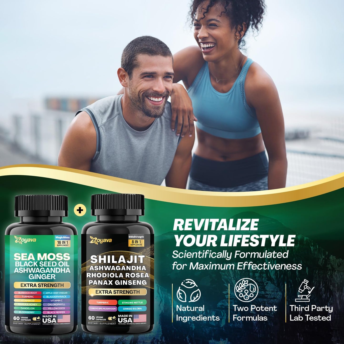 Zoyava Dynamic Vitality Bundle - Sea Moss 7000mg, Black Seed Oil 4000mg, Ashwagandha 2000mg, Ginger & Shilajit 9000mg, Rhodiola Rosea 1000mg, Panax Ginseng 1500mg, All in 1 Supplements (60 Count)