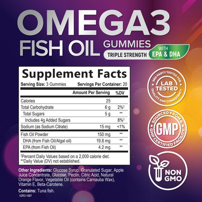 Omega 3 Gummies for Adults, Omega-3 Fish Oil Gummies for Heart Support, Omega 3 Supplement High Absorption DHA & EPA, Joint & Brain Support, Nature's Fish Oil Omega 3 Gummies Vitamins - 60 Gummies