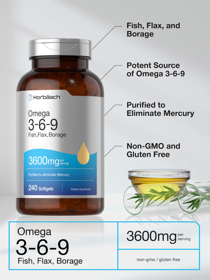 Horbaach Triple Omega 3-6-9 240 Softgels | from Fish, Flaxseed, Borage Oils | Non-GMO & Gluten Free