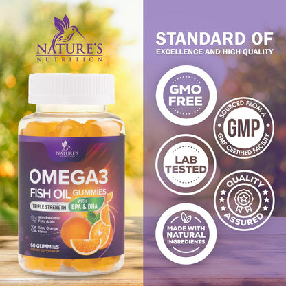 Omega 3 Gummies for Adults, Omega-3 Fish Oil Gummies for Heart Support, Omega 3 Supplement High Absorption DHA & EPA, Joint & Brain Support, Nature's Fish Oil Omega 3 Gummies Vitamins - 60 Gummies