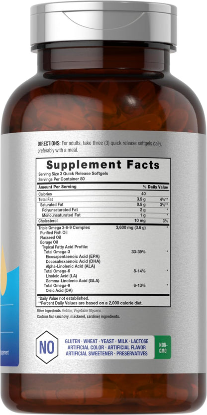 Horbaach Triple Omega 3-6-9 240 Softgels | from Fish, Flaxseed, Borage Oils | Non-GMO & Gluten Free
