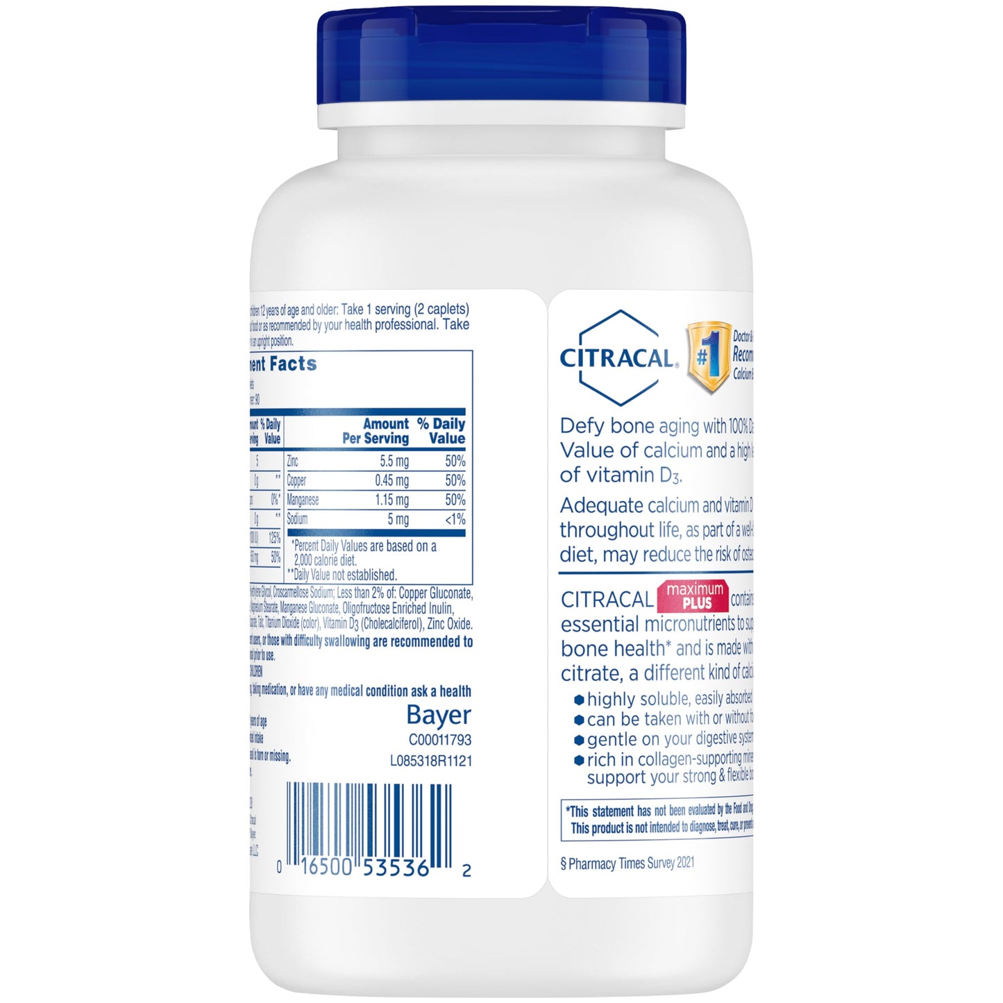 Citracal Maximum Plus, 650 mg Calcium Citrate, easily absorbed and highly soluble with 25 mcg (1000 IU) Vitamin D3, Bone Health Support, Calcium Supplement for Ages 12+, 180 Count